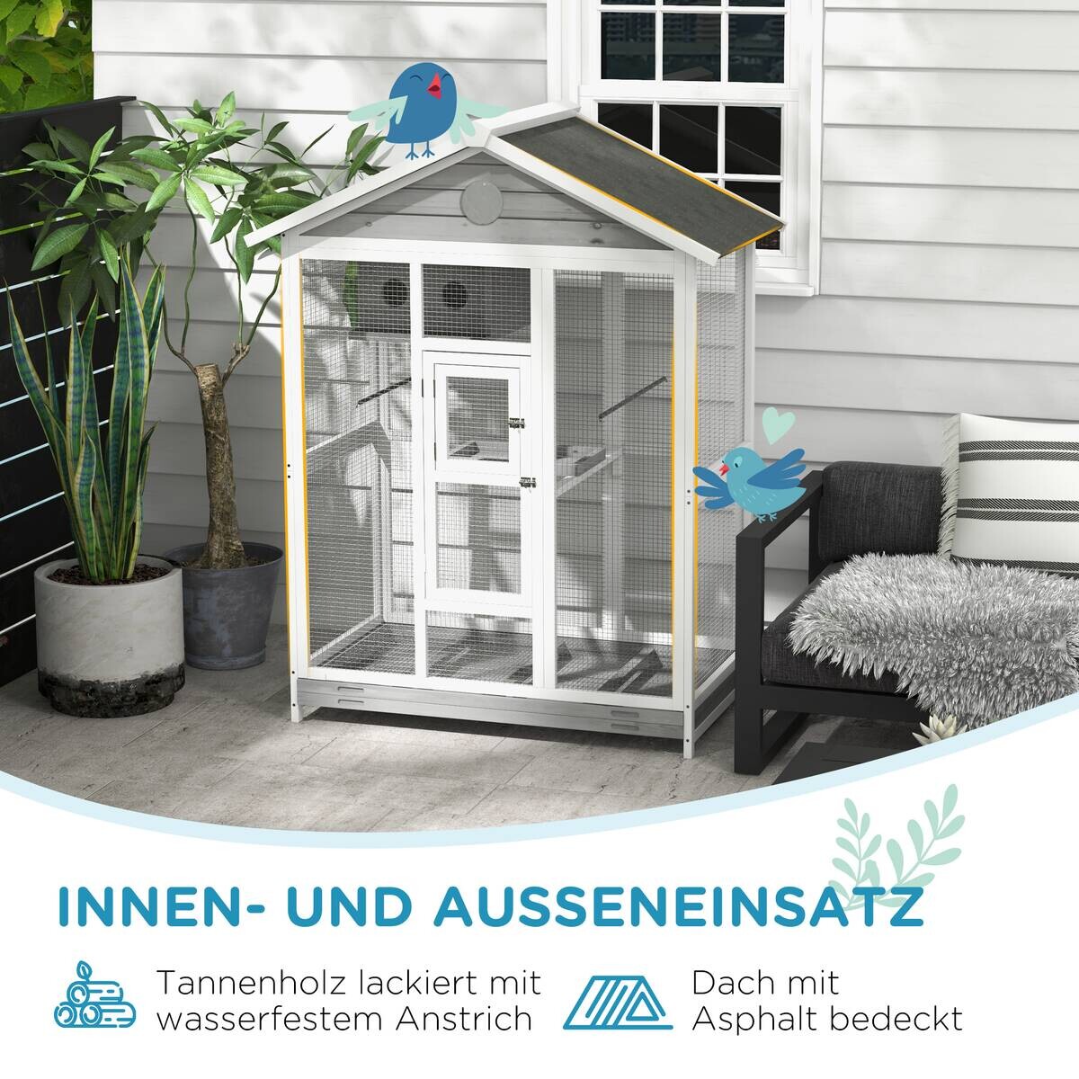 PawHut Vogelkäfig grau Holz B/H/L: ca. 68x154x112 cm