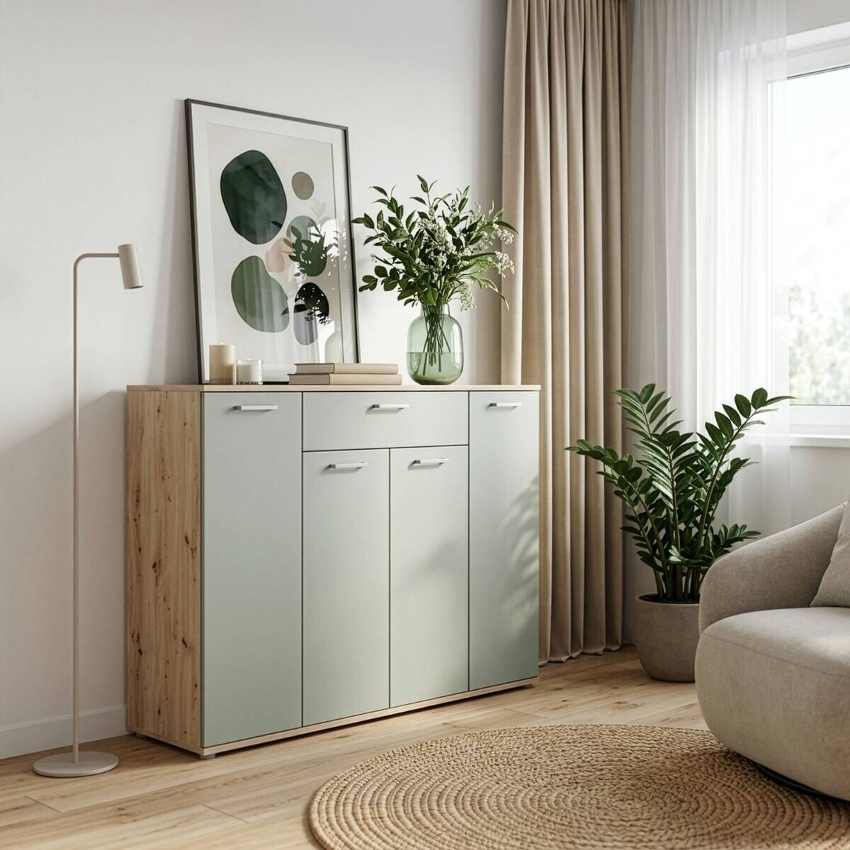 Kommode Eiche Artisan Nachbildung salbei B/H/T: ca. 139x121x35 cm