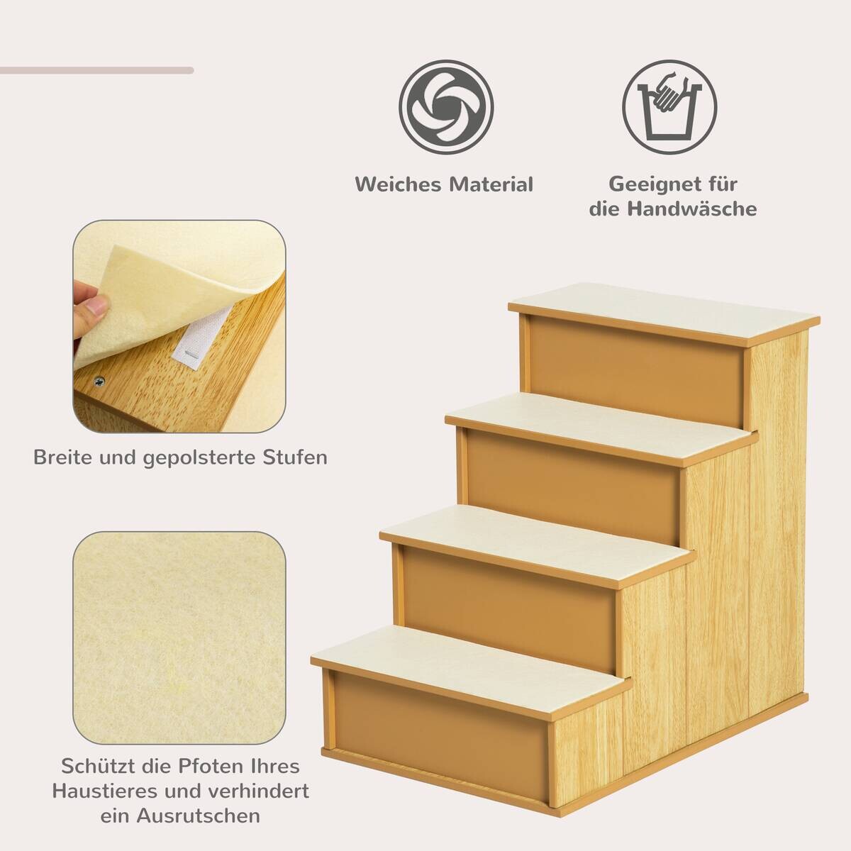 PawHut Haustiertreppe Holzoptik Plüsch B/H/L: ca. 59x54,2x40 cm