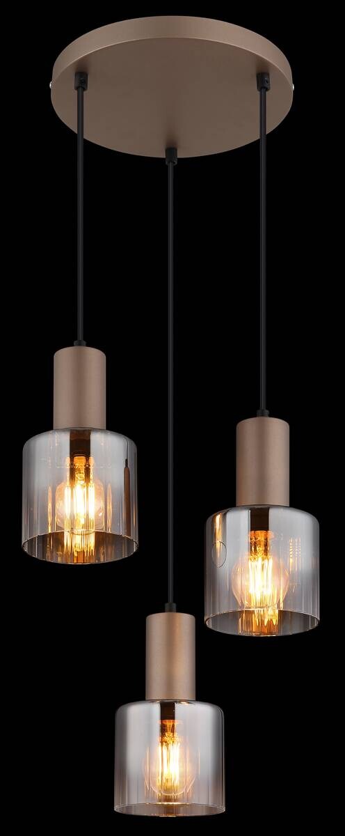 GLOBO Pendelleuchte Walton 3 kaffee Rauch klar Metall Glas H/D: ca. 150x28 cm E27 3 Brennstellen