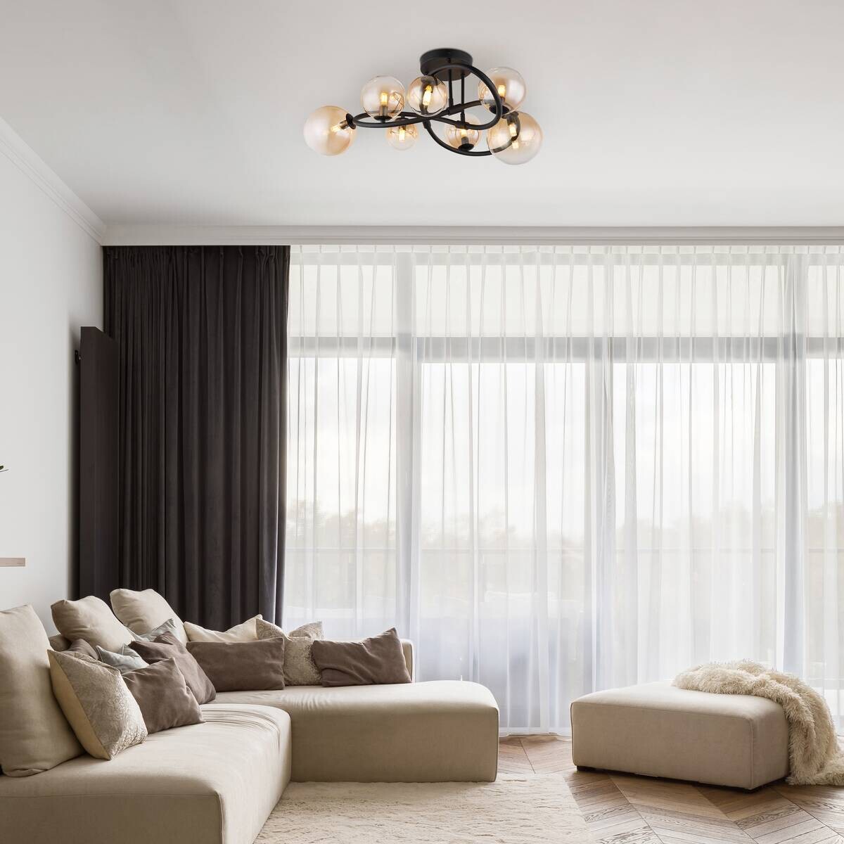 GLOBO LED-Deckenleuchte 10676 amber mattschwarz Glas Metall H/D: ca. 30x62 cm 7 Brennstellen