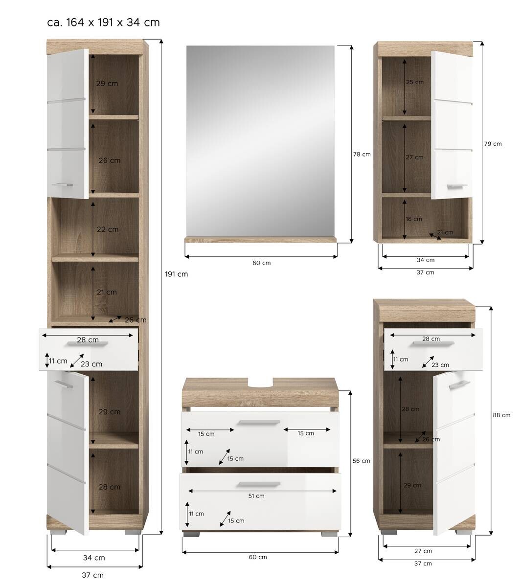 Badezimmer-Set Lambada Eiche Sonoma Nachbildung weiß Hochglanz B/H/T: ca. 164x191x37 cm