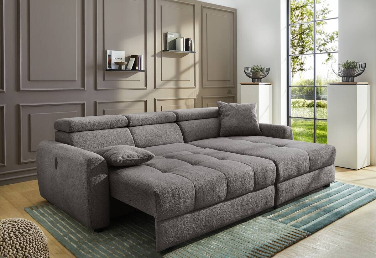 Ecksofa mit elektrischer XXL Sitztiefenverstellung grau Flachgewebe B/H/T: ca. 270x109x175 cm