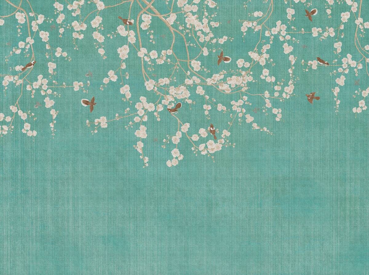 Livingwalls Fototapete Blütenzweig blau beige creme B/L: ca. 280x371 cm