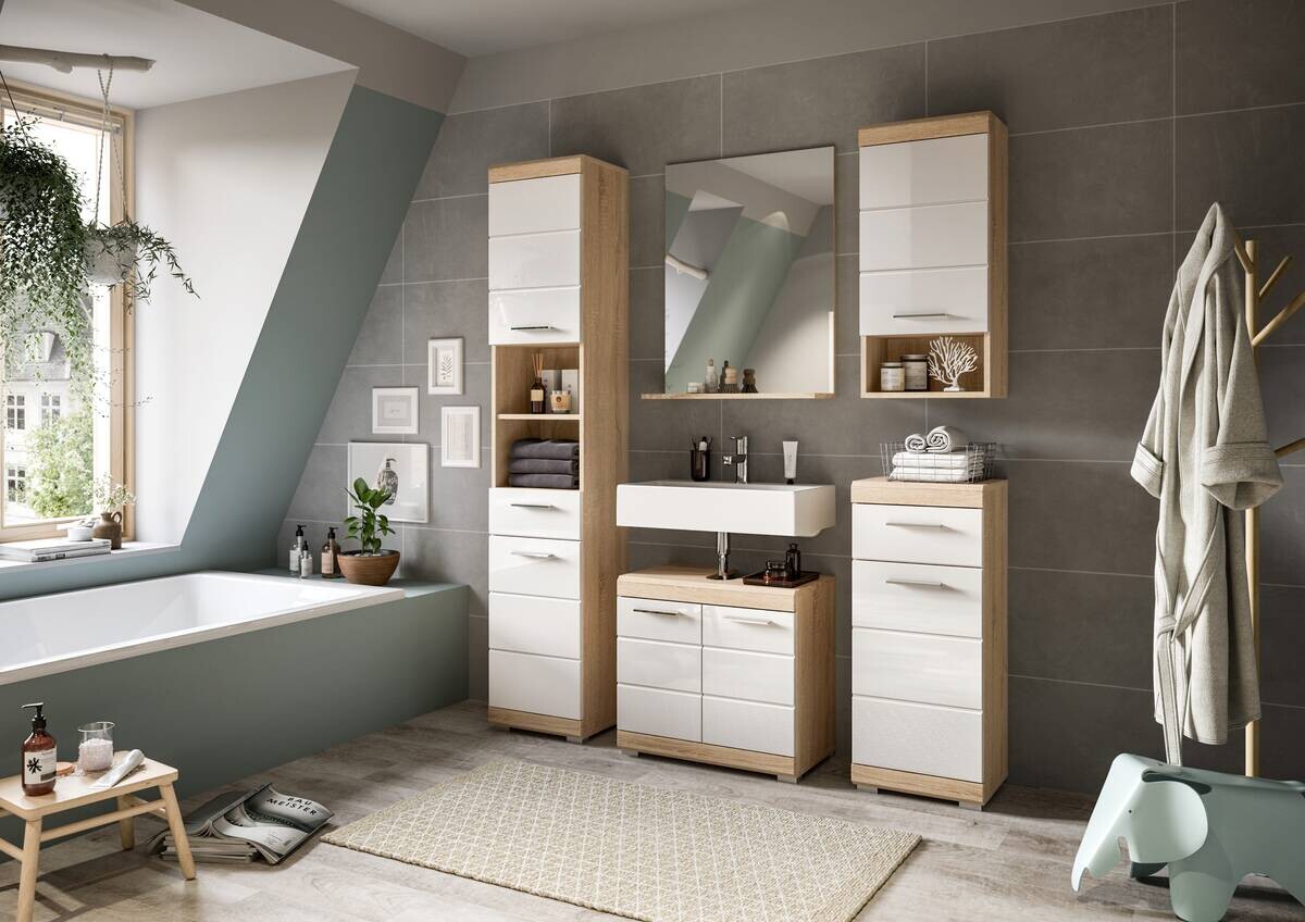 Badezimmer-Set Lambada Eiche Sonoma Nachbildung weiß Hochglanz B/H/T: ca. 60x191x34 cm