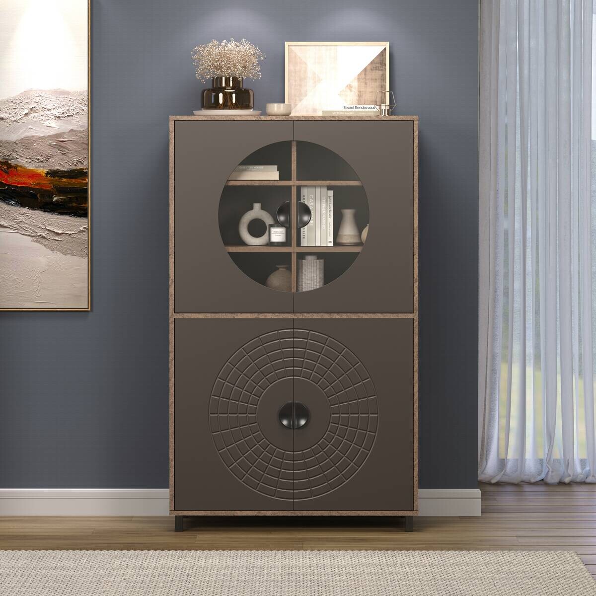 Highboardvitrine Fusion Eiche dunkel Nachbildung bronze Optik B/H/T: ca. 97x163x42 cm