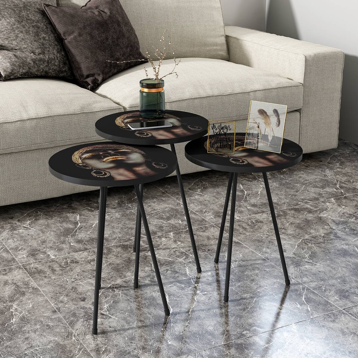 Beistelltisch 3er-Set. 10878430 schwarz Metall B/H/T: ca. 38x55x38 cm