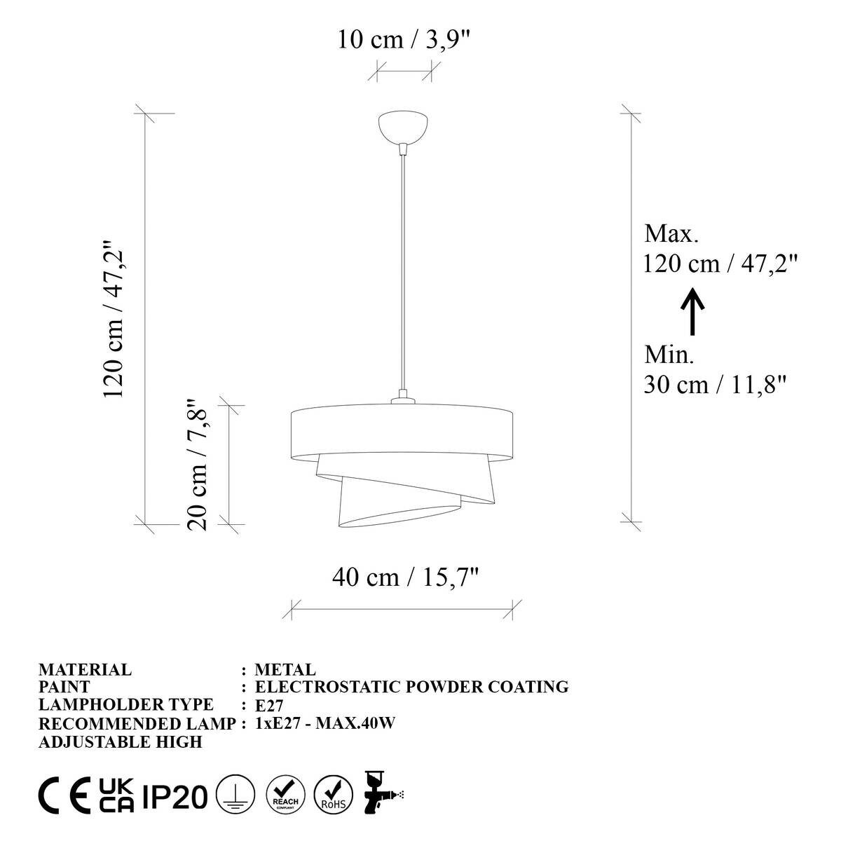 Opviq Pendelleuchte weiß Metall B/H/T/L/D: ca. 40x120x40x40x40 cm E27 1 Brennstellen