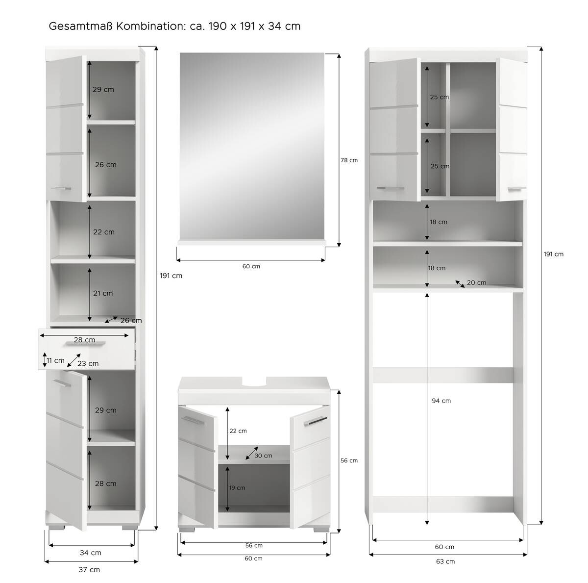 Badezimmer-Set Scout weiß weiß Hochglanz B/H/T: ca. 190x191x34 cm
