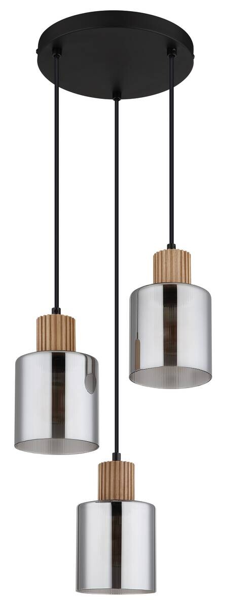 GLOBO Pendelleuchte schwarz dunkelbraun Rauch Glas Holz Metall H/D: ca. 120x30 cm E27 3 Brennstellen
