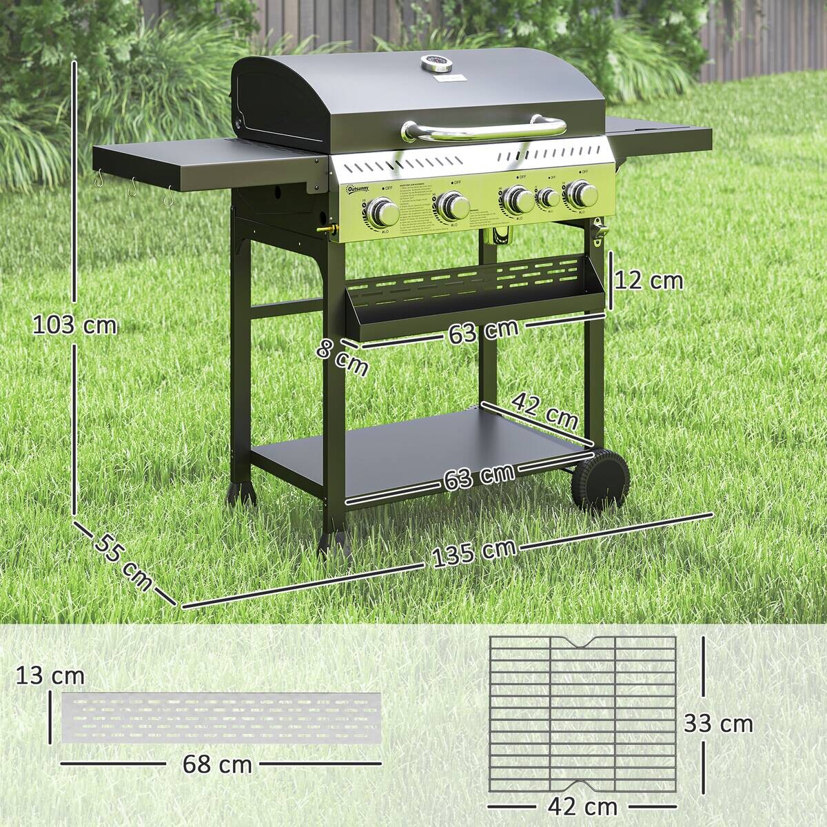 Outsunny Gasgrill Edelstahl B/H/L: ca. 55x103x135 cm