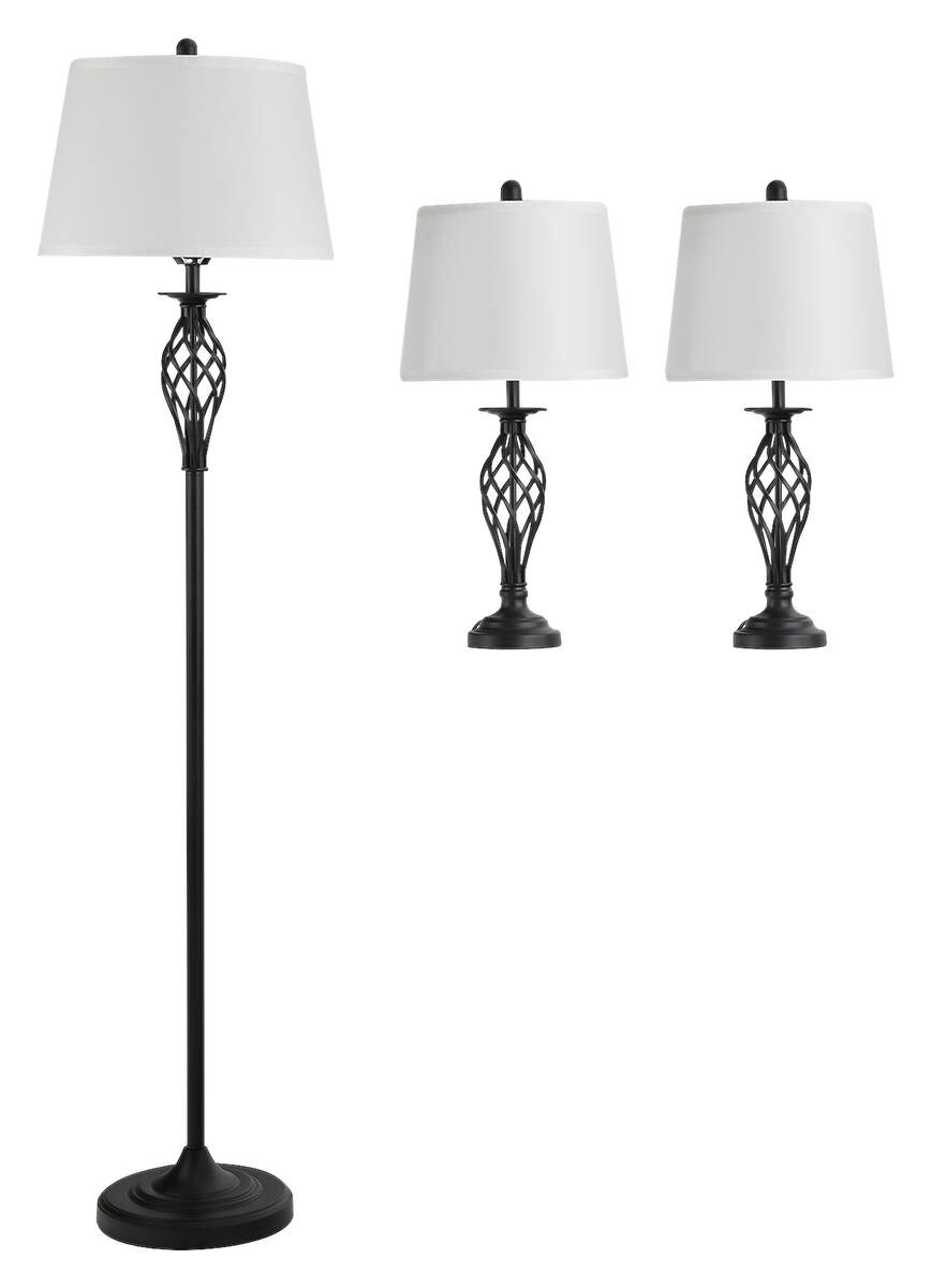 HOMCOM Stehlampe inkl. 2 Tischleuchten B31-179 schwarz weiß Metall Polyester-Mischgewebe Stoff B/H/L: ca. 38x158x38 cm E27 3 Brennstellen