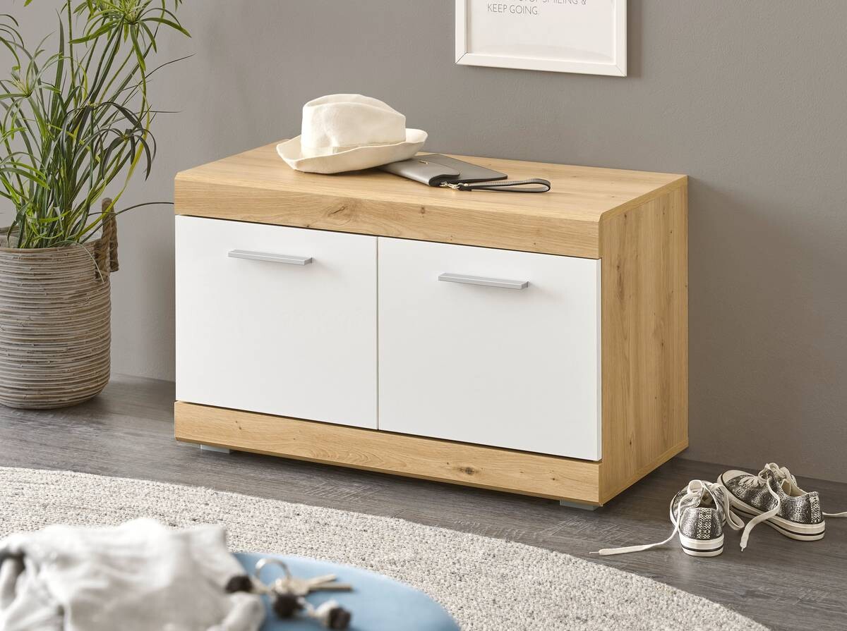 Sitzbank Nola Eiche Artisan Nachbildung weiß Hochglanz B/H/T: ca. 80x49x38 cm