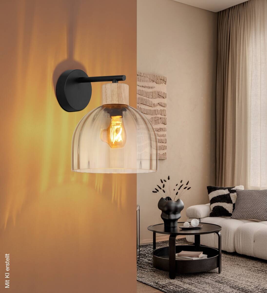GLOBO Wandleuchte amber schwarz Metall Glas B/H: ca. 20x24 cm E27 1 Brennstellen