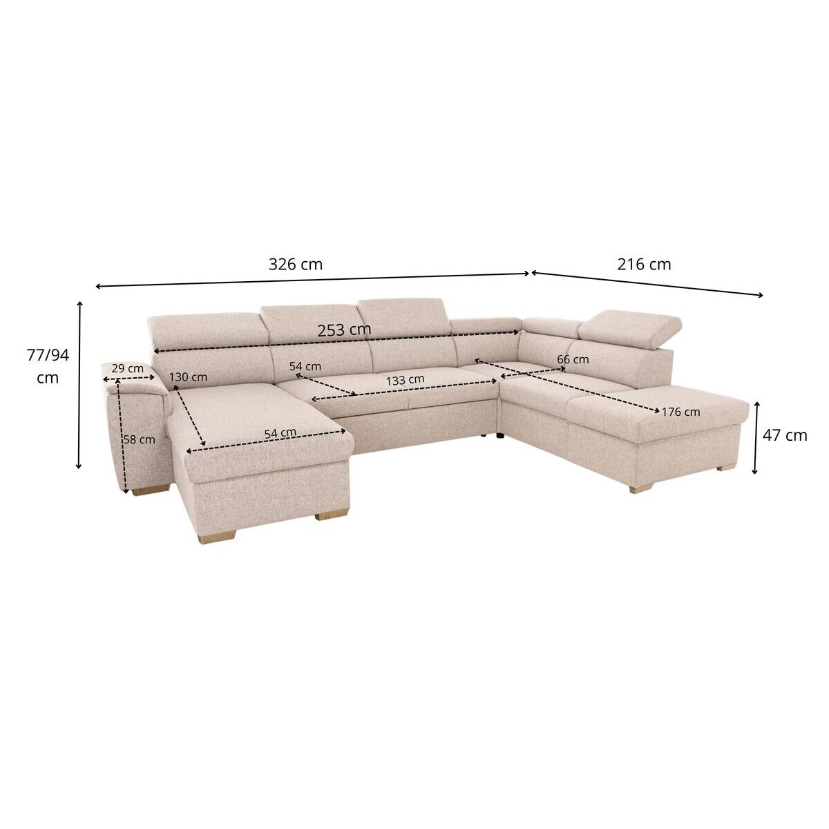 Wohnlandschaft beige Webstoff B/H/T: ca. 326x94x216 cm