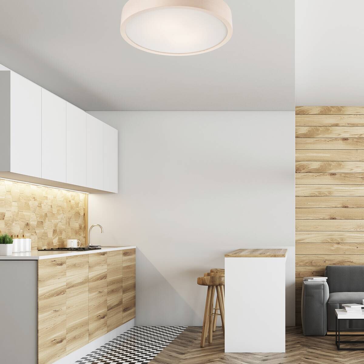 Lamkur Deckenleuchte Eveline weiß Glas Holz B/H/L: ca. 38,5x12x38,5 cm 2 Brennstellen