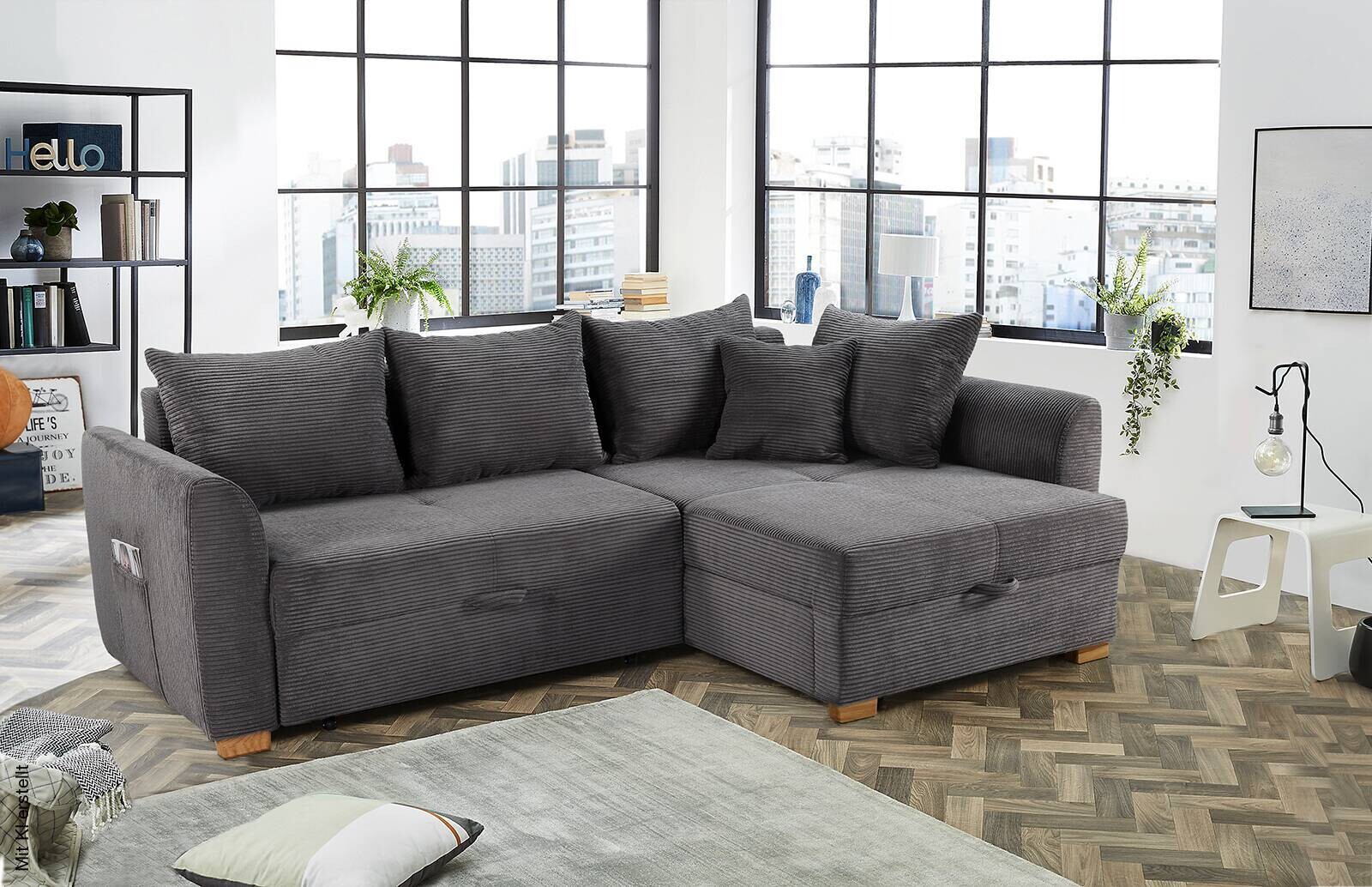 Ecksofa mit Bettfunktion und Bettkasten grau Microfaser B/H/T: ca. 236x81x160 cm | grau | 236,00/81,00/160,00 cm