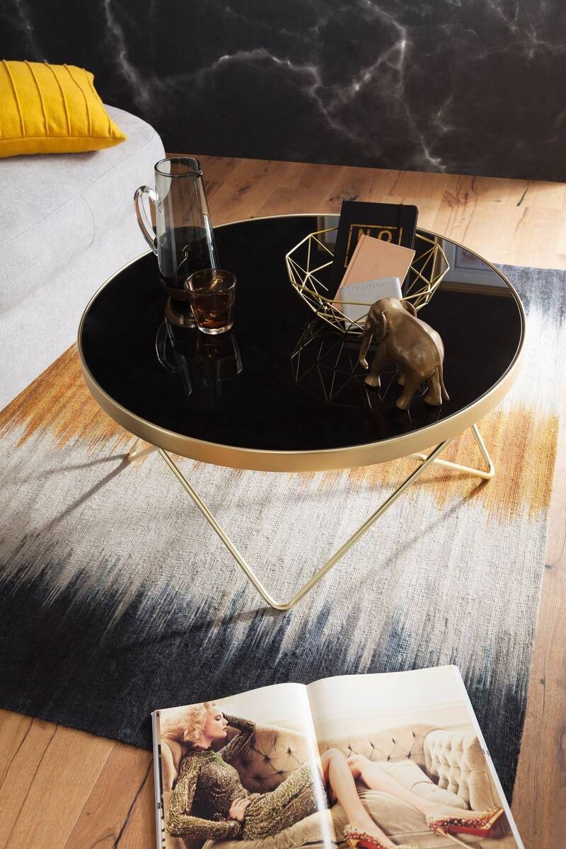 Wohnling Couchtisch schwarz gold Glas Stahl H/D: ca. 39x82 cm