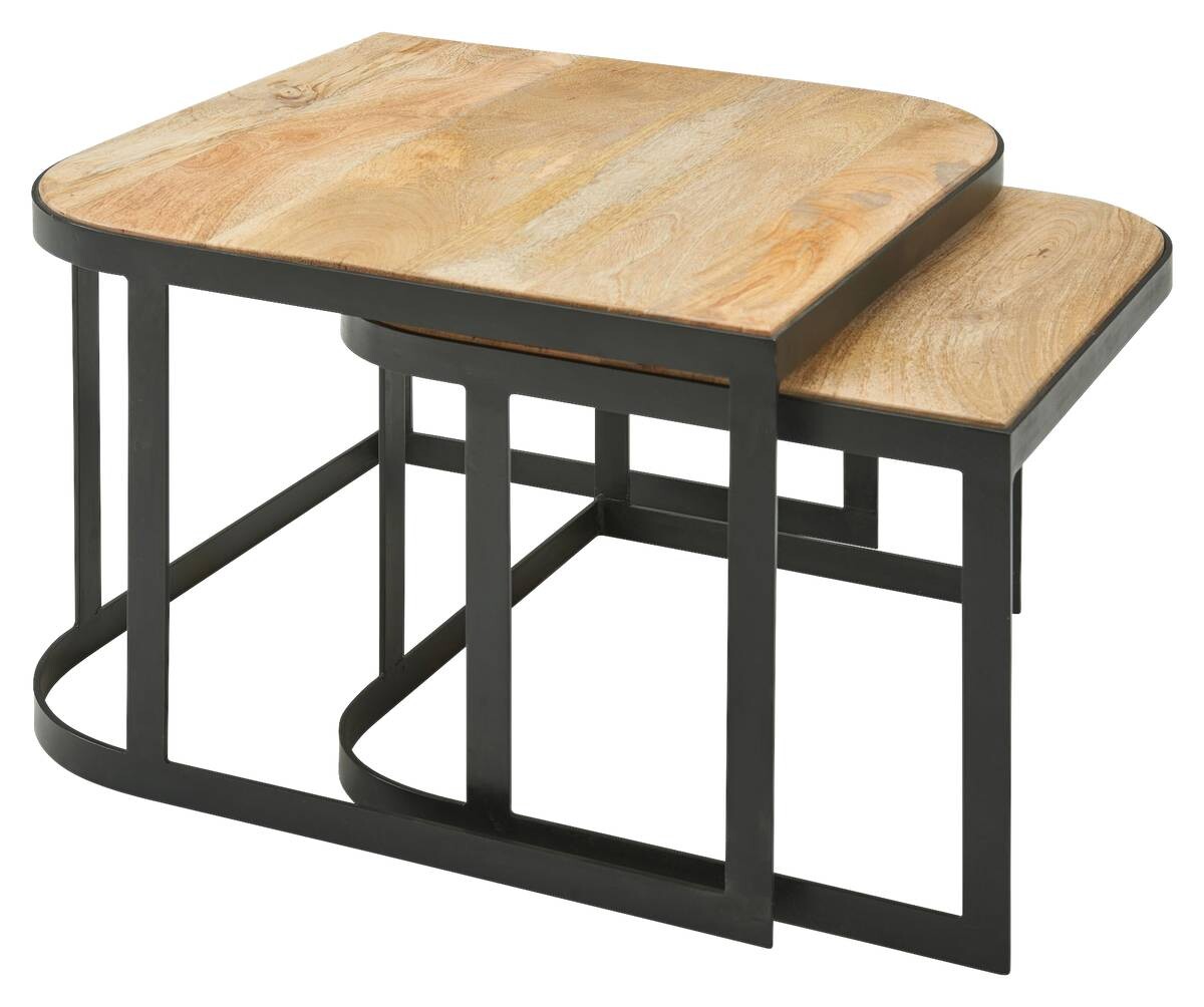 Beistelltisch 2er-Set. natur schwarz pulverbeschichtet Echtholz Eisen