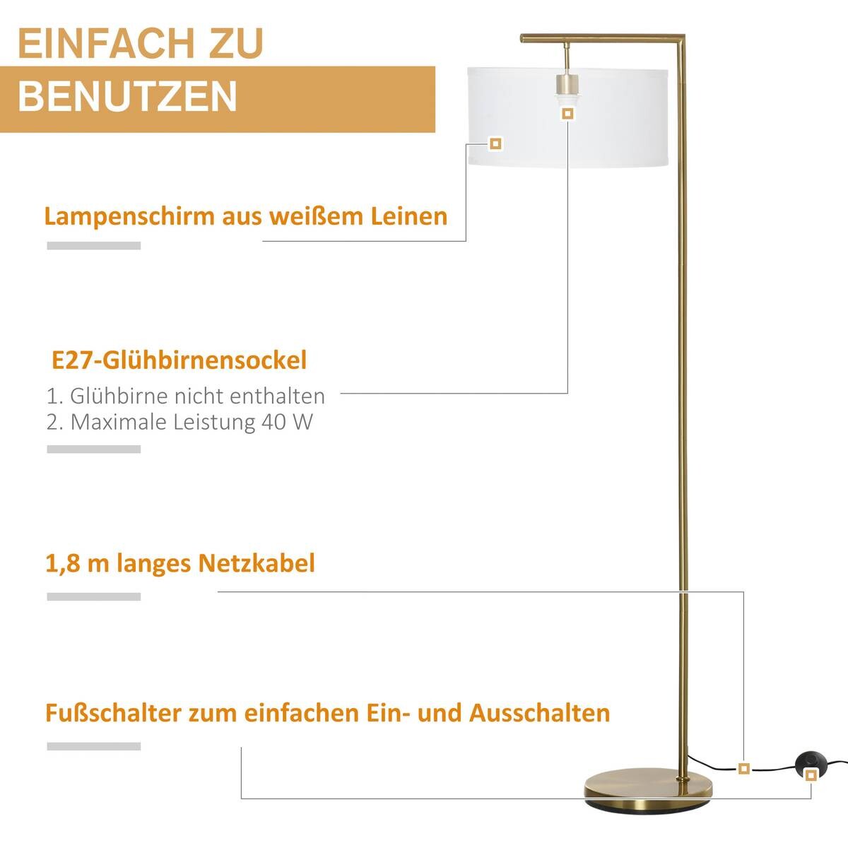 HOMCOM Stehlampe weiß gold Stahl Leinen B/H/T: ca. 37x153x37 cm