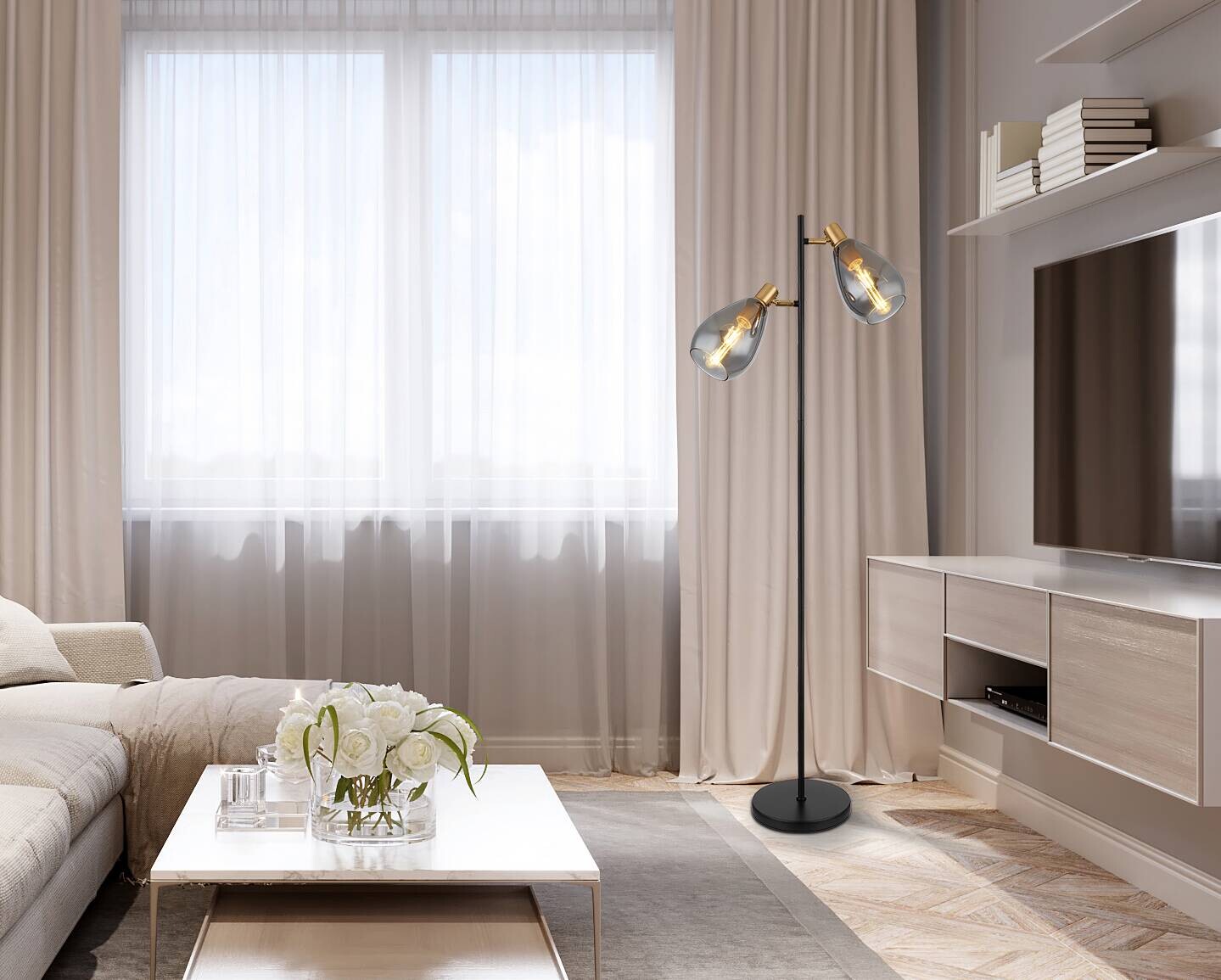 GLOBO Stehleuchte Rauch schwarz Metall Glas B/H/T: ca. 25x160x34 cm E27 2 Brennstellen