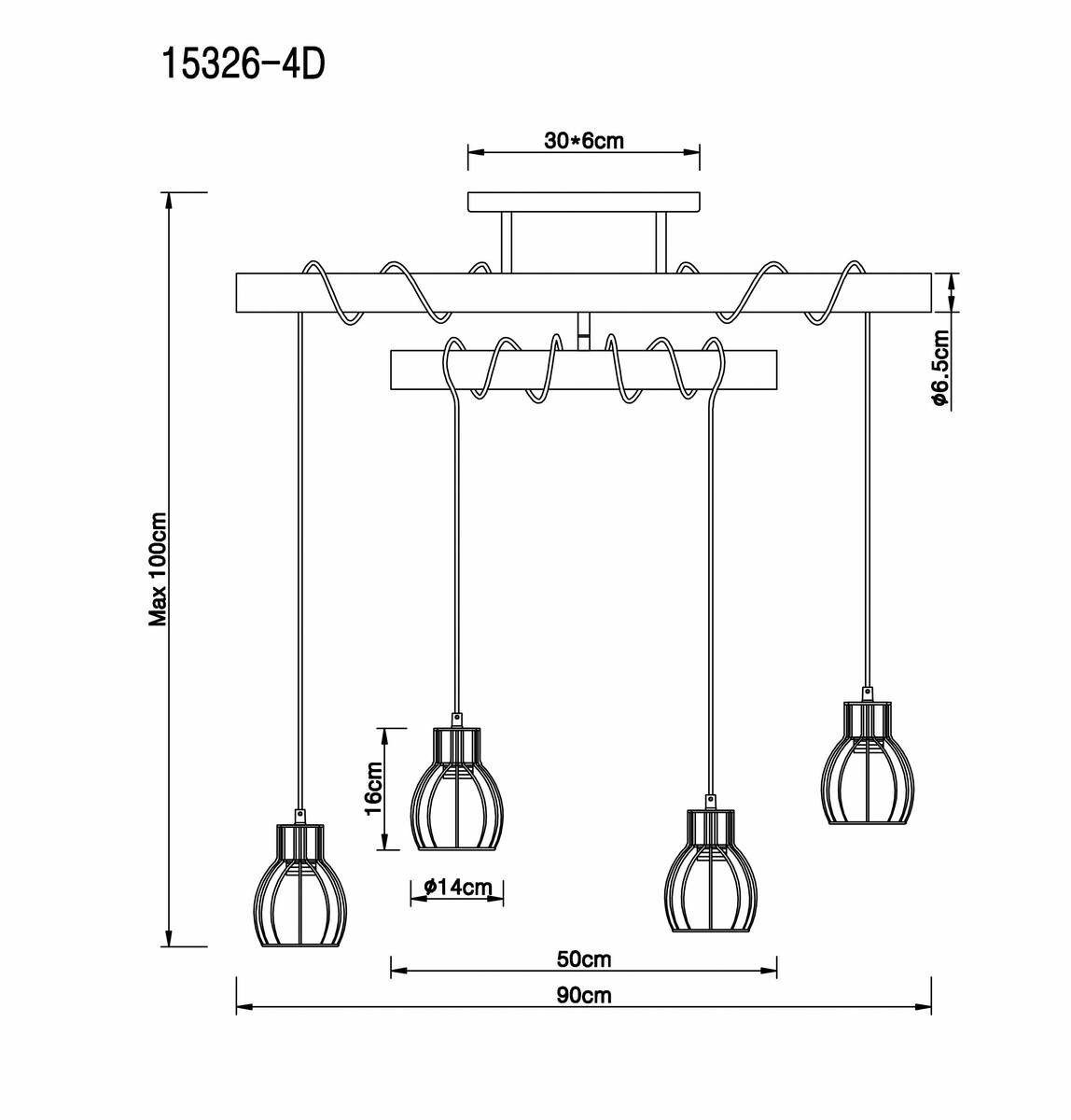 GLOBO Deckenleuchte Mina schwarz natur Metall Holz B/H/T: ca. 90x100x14 cm E27 4 Brennstellen