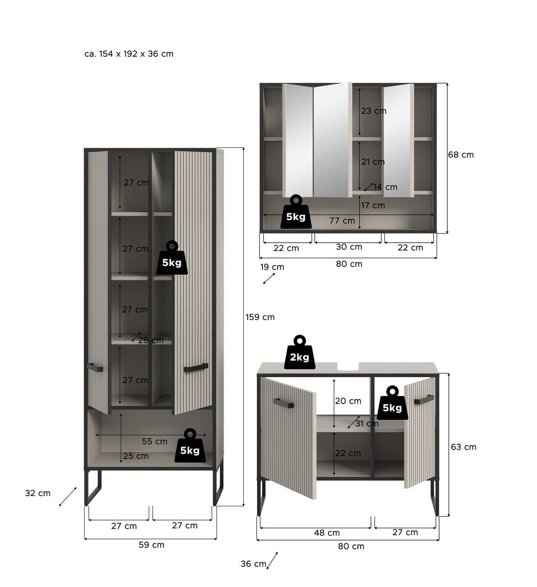 Badezimmer-Set BAGNO schwarz Kaschmirgrau Nachbildung B/H/T: ca. 154x192x36 cm