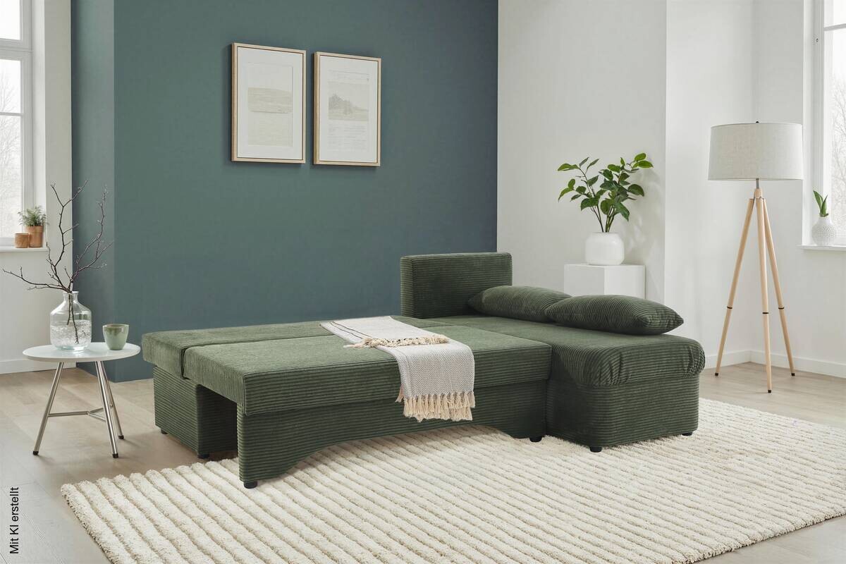 Ecksofa mit Bettfunktion und Bettkasten grün Microfaser B/H/T: ca. 191x70x142 cm