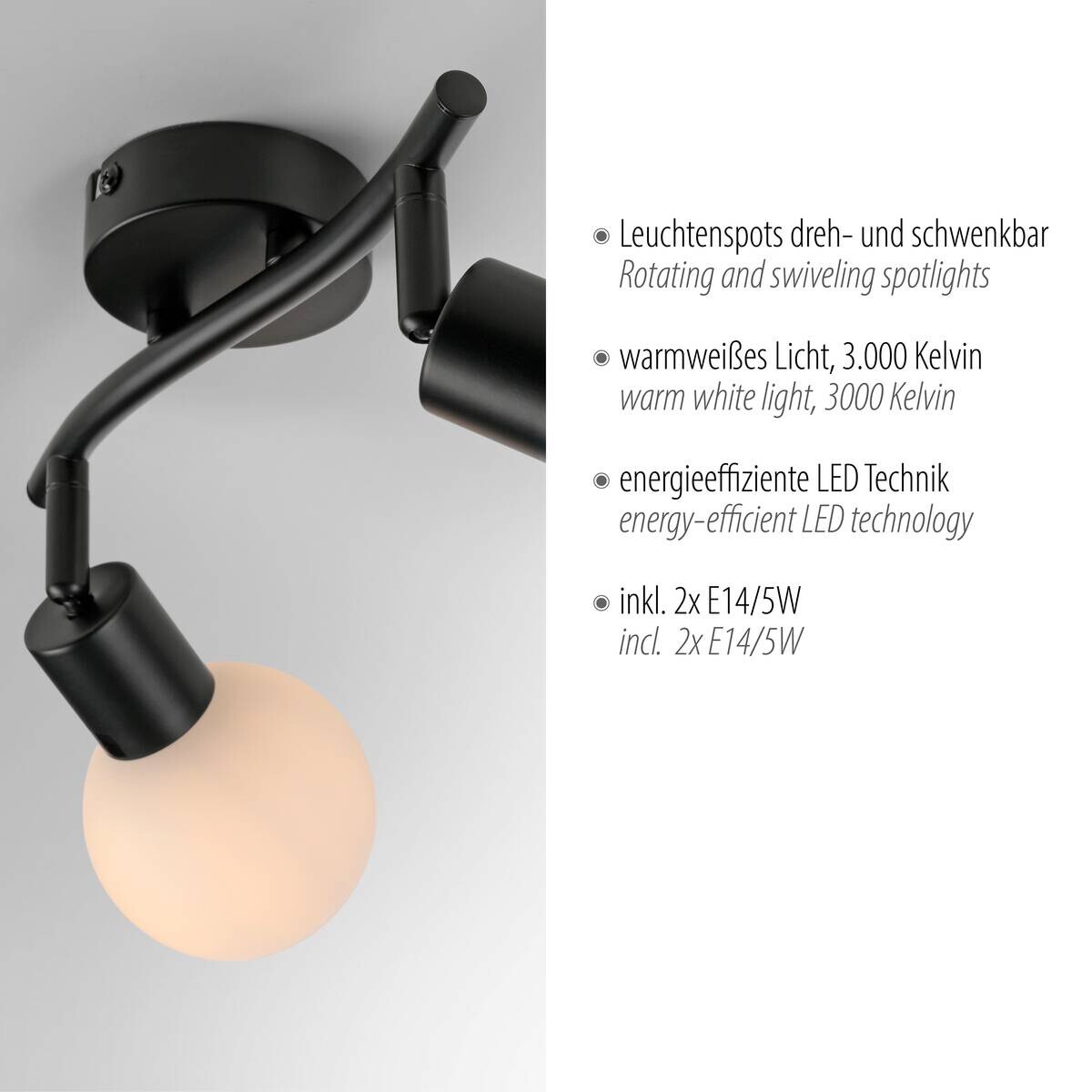 Just Light Spot 2flg. Loki schwarz B/H/L: ca. 25x20x43 cm E14 2 Brennstellen