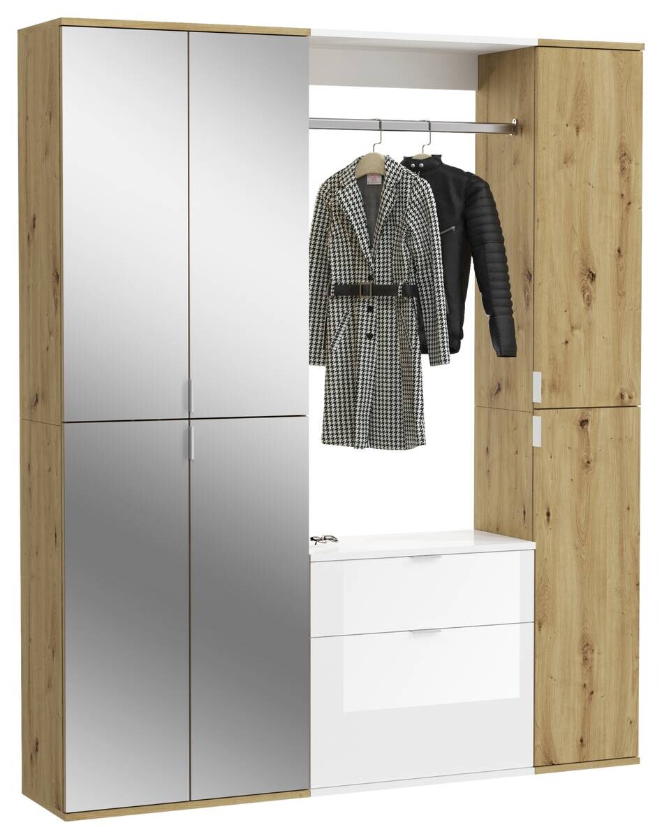 Garderobe PROJEKT Eiche Artisan Nachbildung weiß Hochglanz Spiegel B/H/T: ca. 152x193x34 cm
