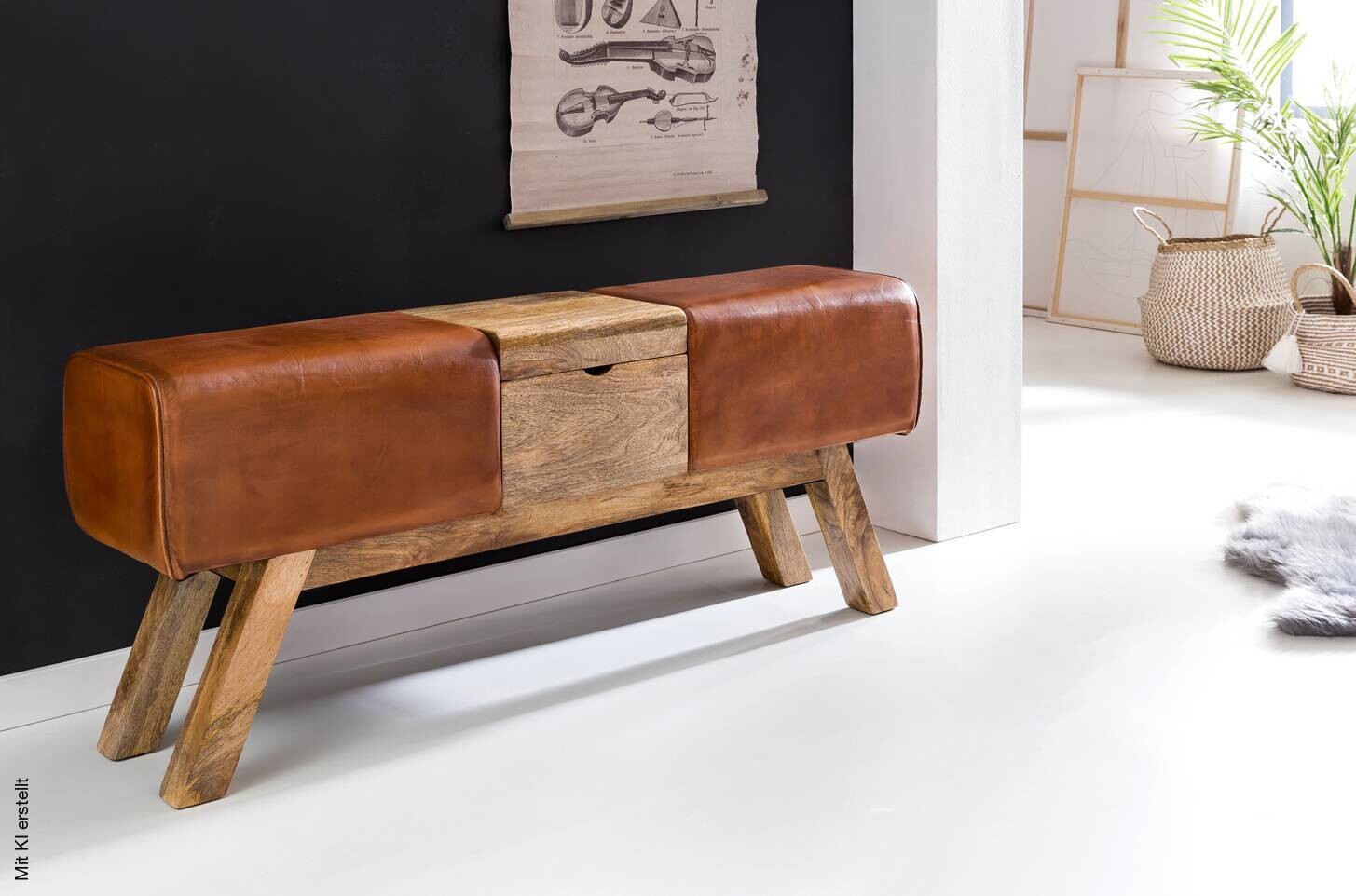 Wohnling Sitzbank braun natur Leder Echtholz B/H/T: ca. 120x53x29 cm