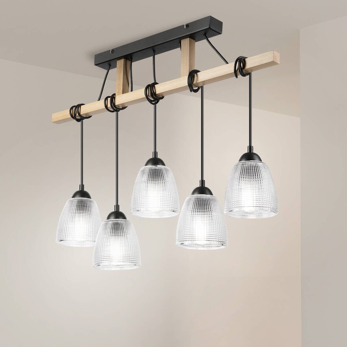 Lamkur Pendelleuchte Eiche Stahl B/H/L: ca. 75x88x75 cm E27 5 Brennstellen