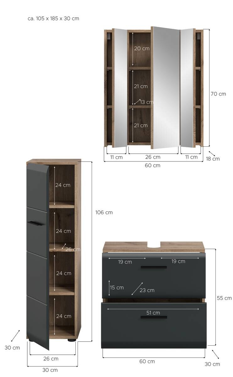 Badezimmer-Set Ice Nox Oak Nachbildung schwarz matt B/H/T: ca. 105x185x30 cm