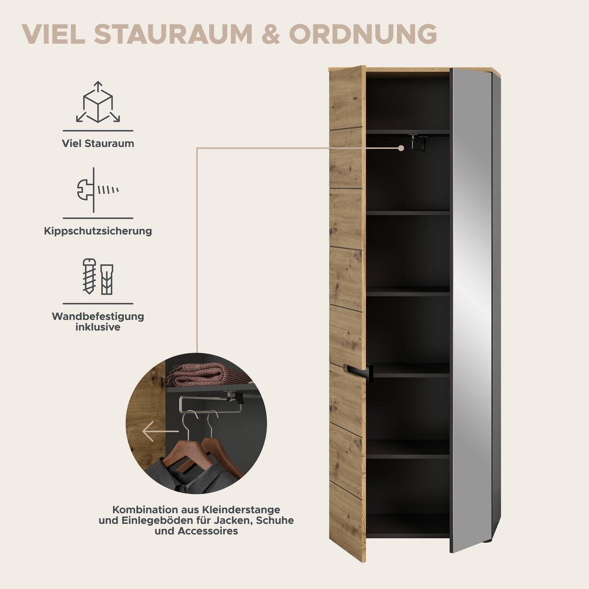 Garderobe Canu basaltgrau Nachbildung Artisan Nachbildung B/H/T: ca. 255x190x37 cm
