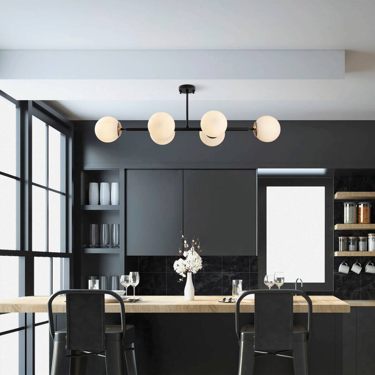 Opviq Deckenleuchte Fazli-10486 schwarz Glas B/H/T/L: ca. 110x35x40x110 cm E14 6 Brennstellen