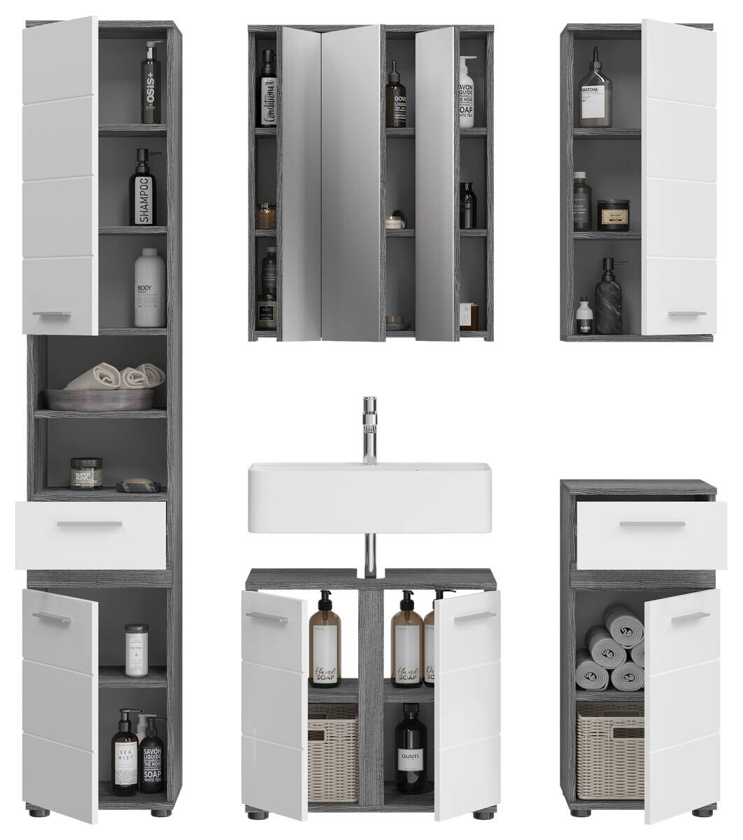 Badezimmer-Set BLAKE Rauchsilber Nachbildung weiß Hochglanz B/H/T: ca. 164x191x34 cm