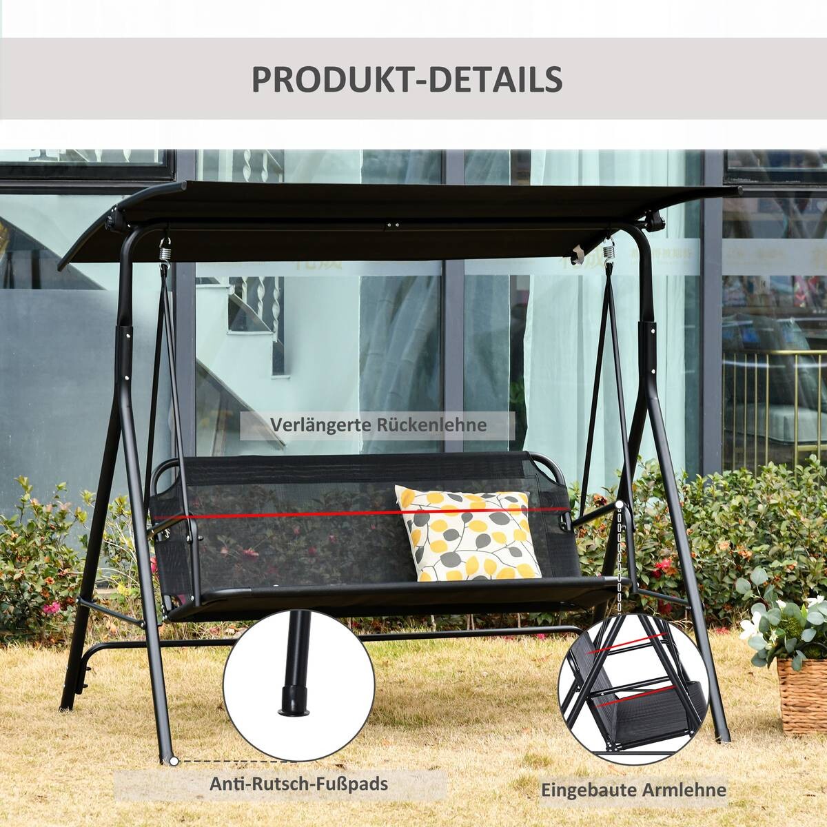 Outsunny Hollywoodschaukel schwarz Metall B/H/L: ca. 110x155x172 cm
