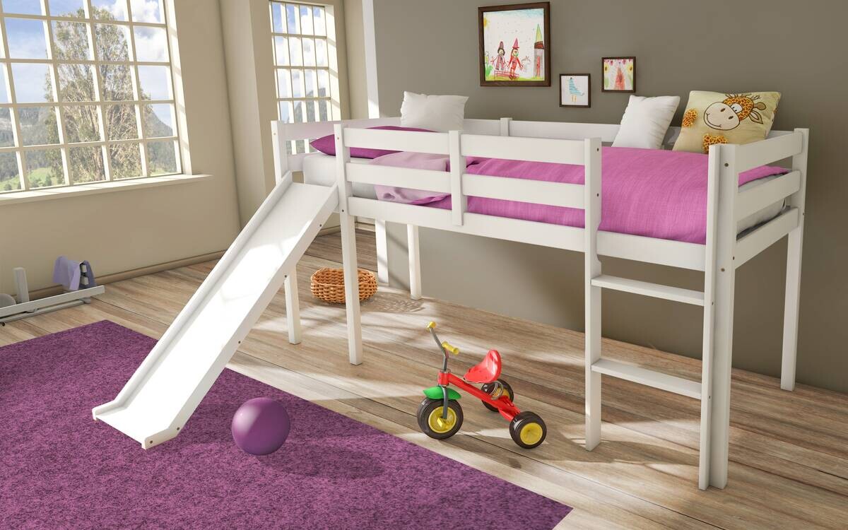 Hochbett mit Rutsche Amir kiefer weiß Liegefläche B/L: ca. 90x200 cm