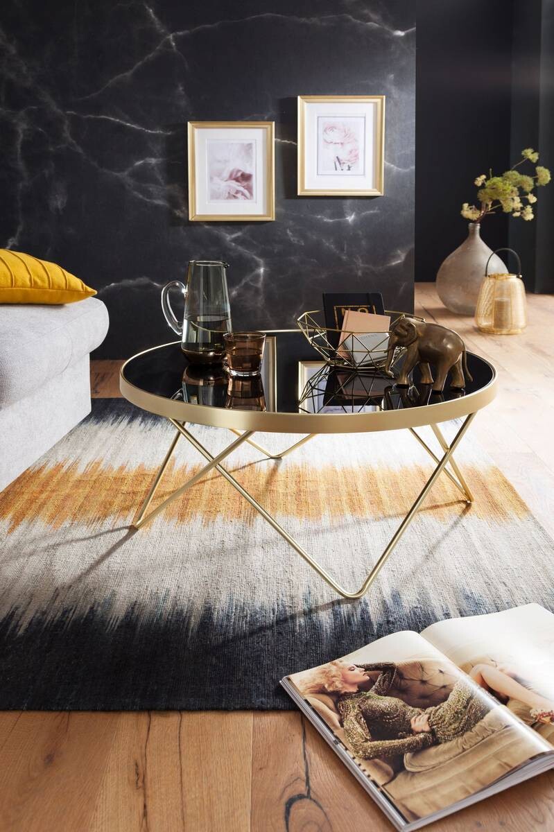 Wohnling Couchtisch schwarz gold Glas Stahl H/D: ca. 39x82 cm