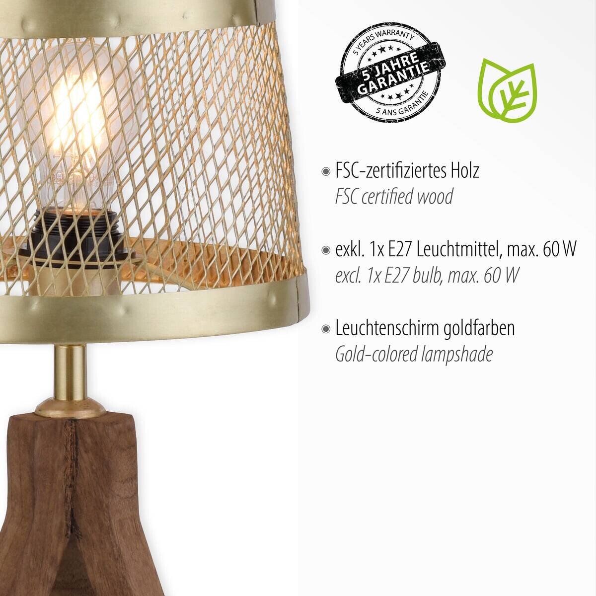 Stehlampe Frederik messing Holz B/H/L: ca. 46x145x46 cm E27 1 Brennstellen