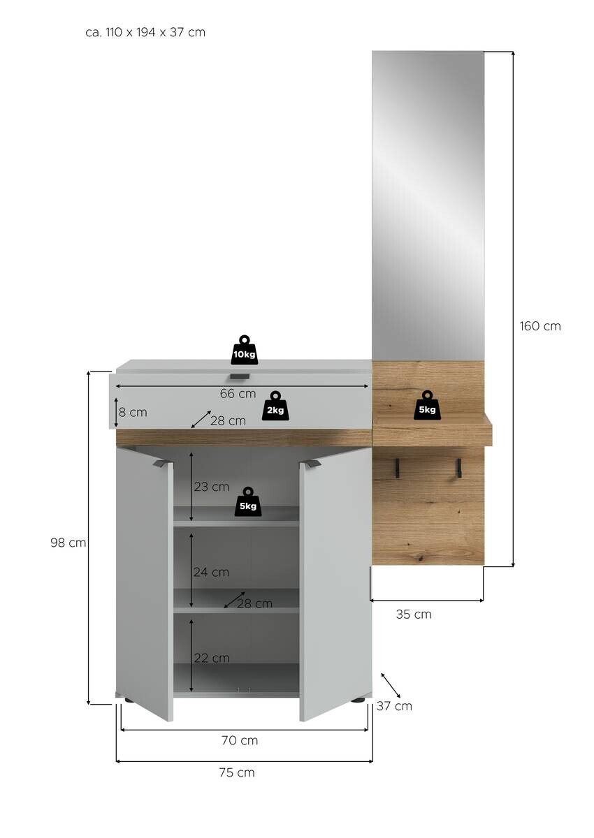 Garderobe Naro weiß Evoke Oak Nachbildung B/H/T: ca. 110x194x37 cm
