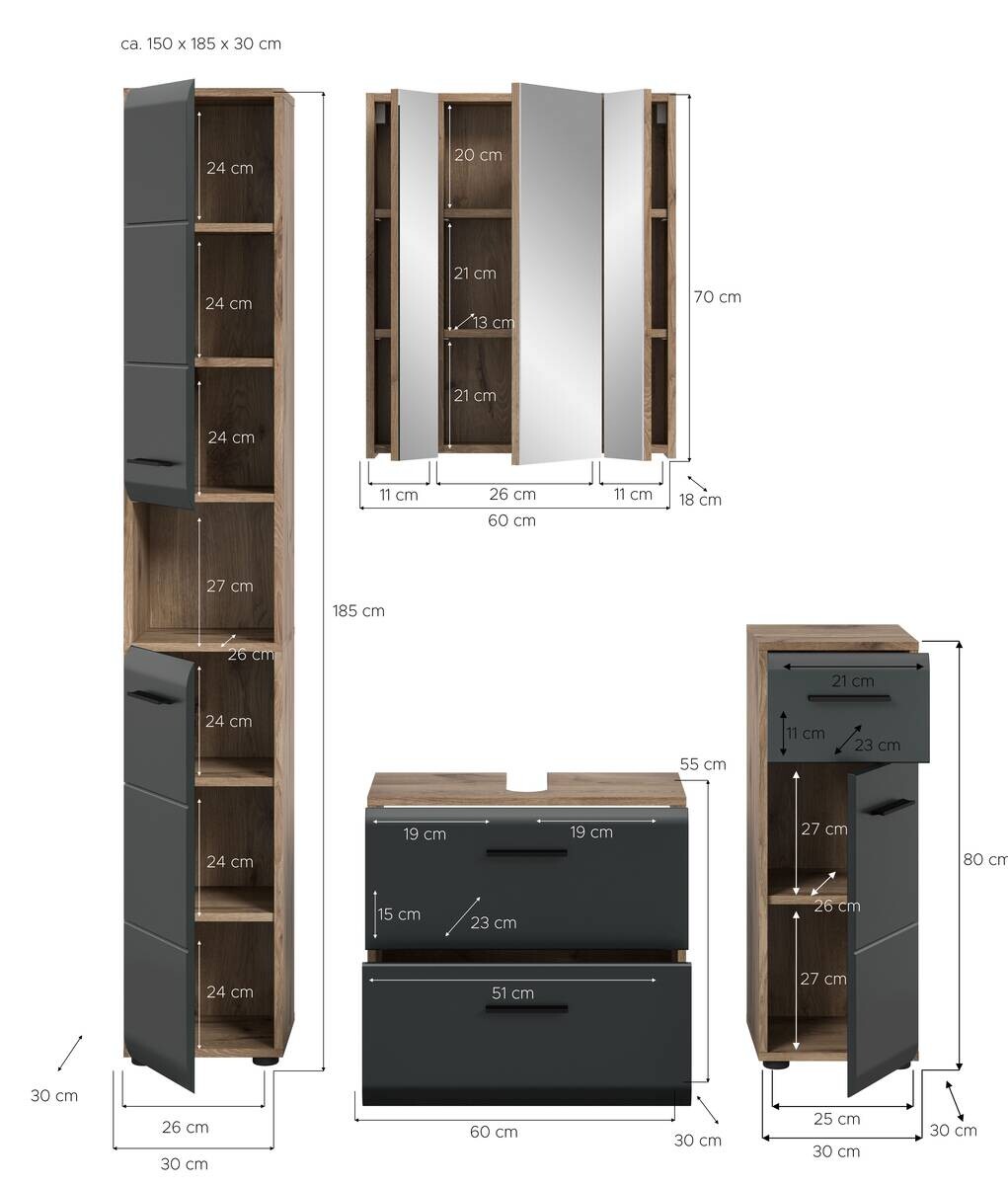 Badezimmer-Set Ice Nox Oak Nachbildung schwarz matt B/H/T: ca. 150x185x30 cm