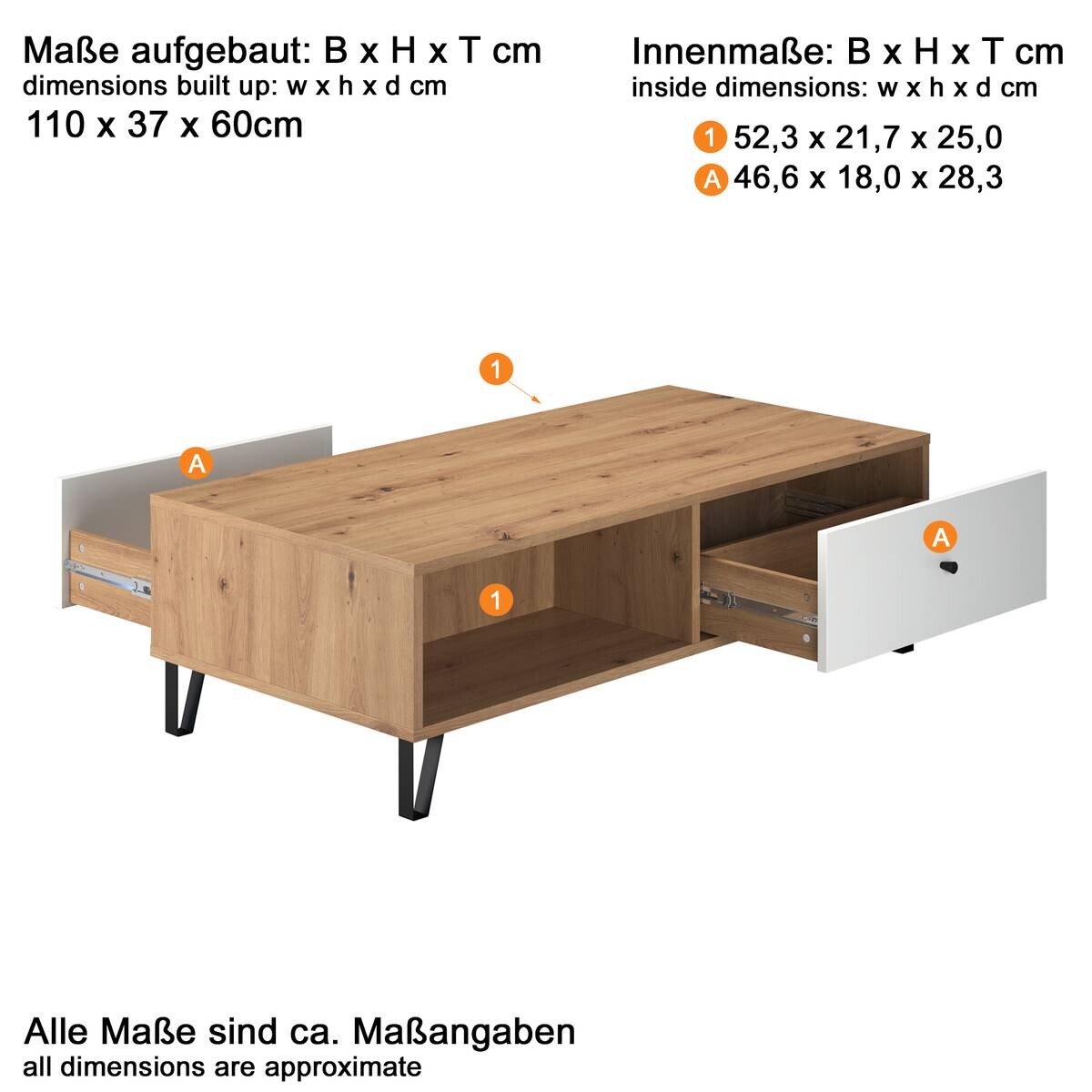 TV-Lowboard Touch Eiche Artisan Nachbildung weiß matt B/H/T: ca. 110x37x60 cm