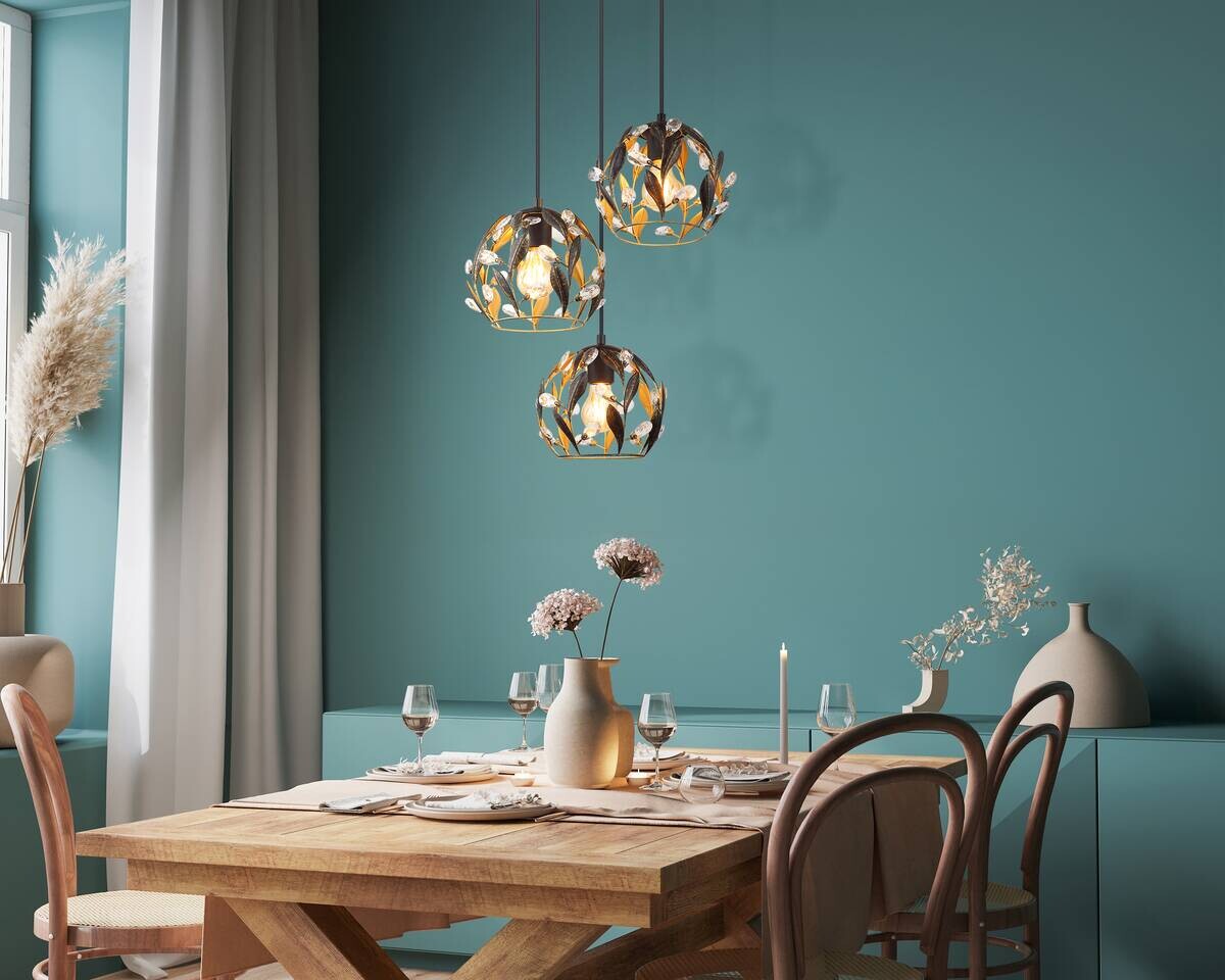 GLOBO Pendelleuchte MIKA 15759-3HR schwarz gold Metall H/D: ca. 150x41 cm E27 3 Brennstellen