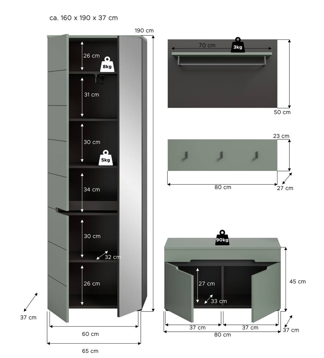 Garderobe Canu grün basaltgrau Nachbildung B/H/T: ca. 160x190x37 cm