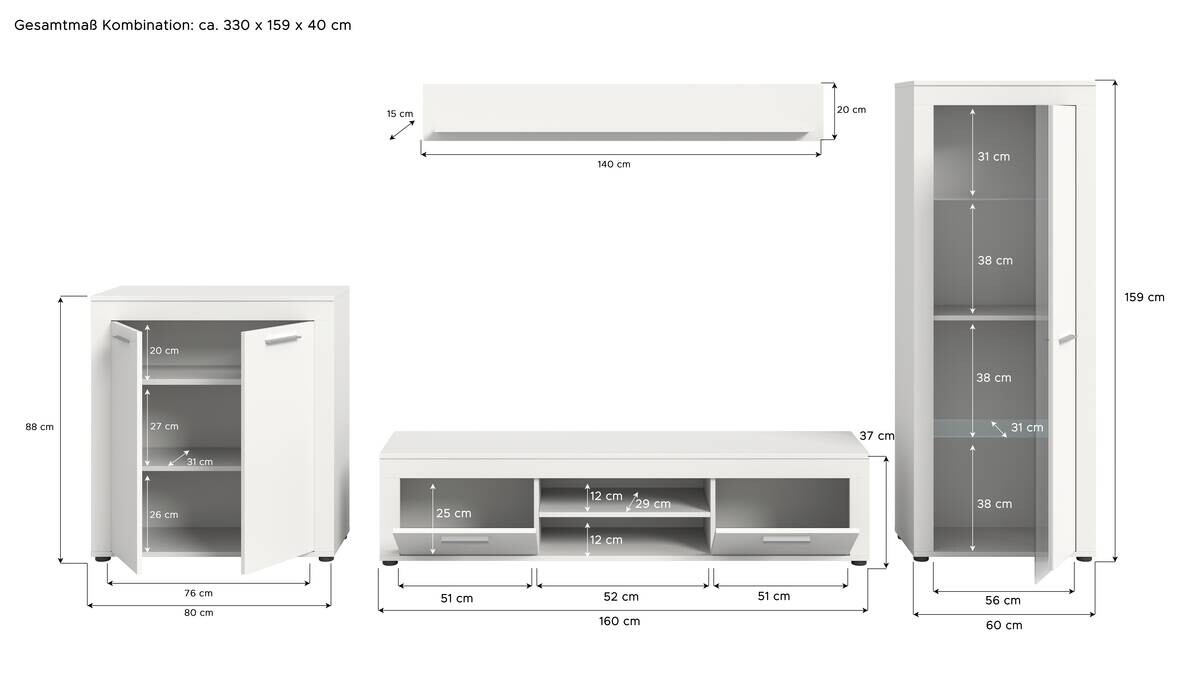 Wohnwand Jam weiß B/H/T: ca. 330x159x35 cm