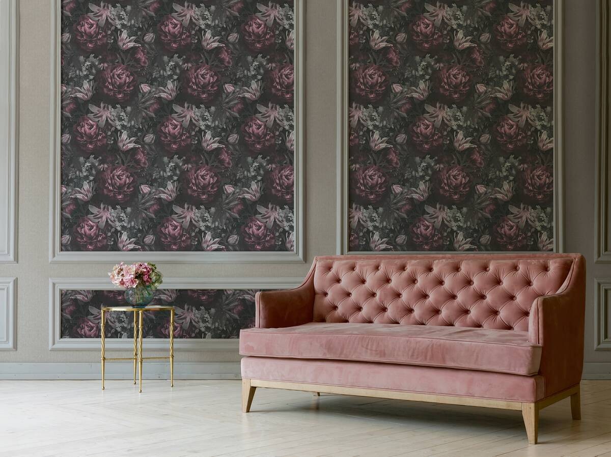 Vliestapete Rosen schwarz rosa grau B/L: ca. 53x1005 cm