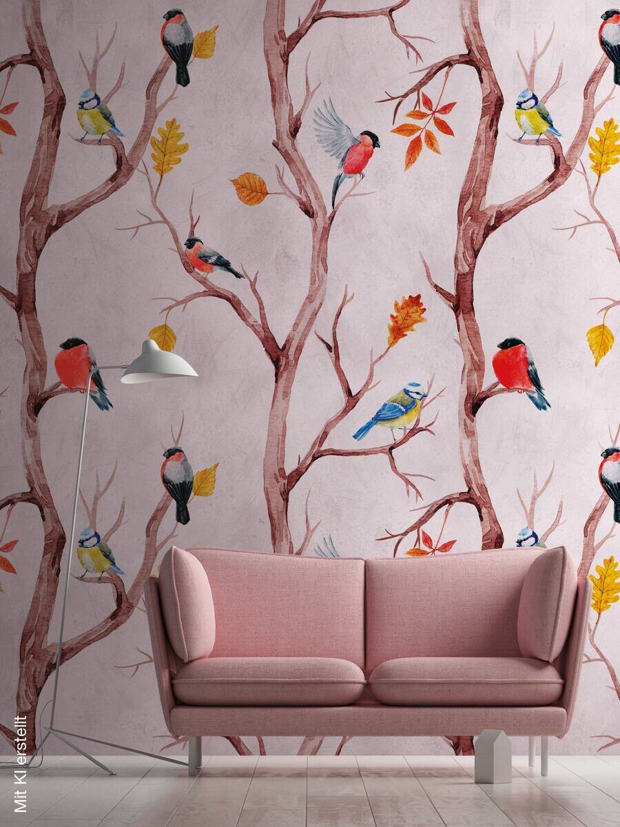 Livingwalls Fototapete Zweige braun rosa gelb B/L: ca. 280x159 cm