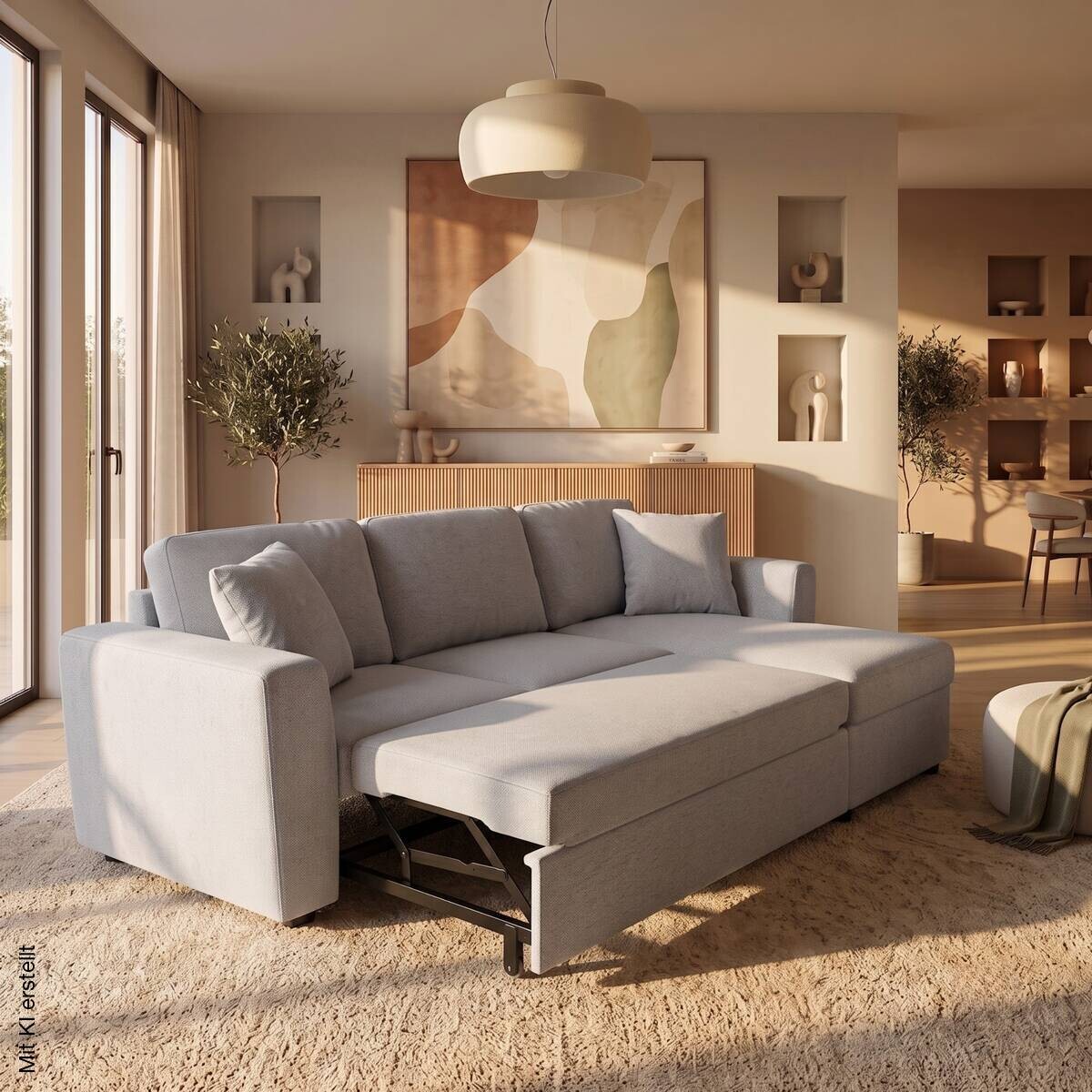 Ecksofa mit Bettfunktion und Bettkasten hellgrau Webstoff B/H/T: ca. 234x86x144 cm