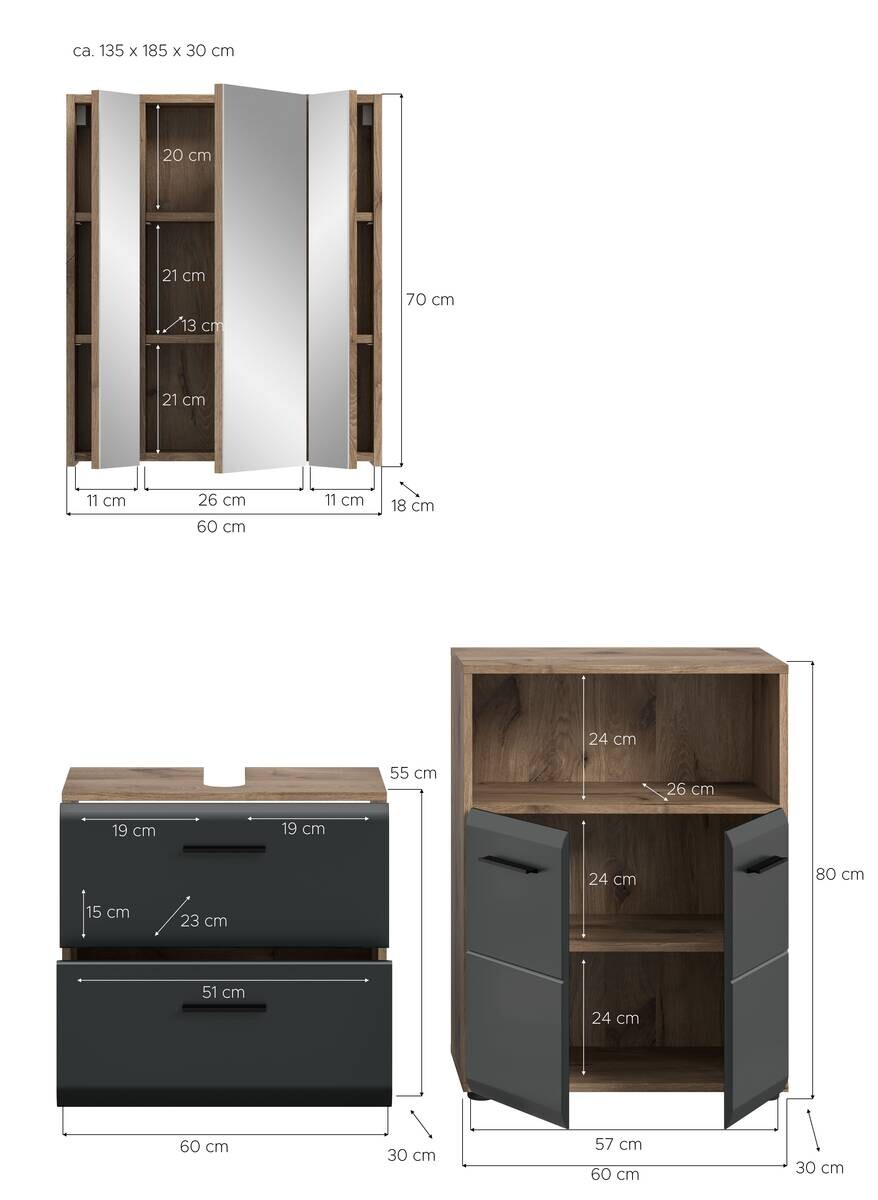 Badezimmer-Set Ice Nox Oak Nachbildung schwarz matt B/H/T: ca. 135x185x30 cm
